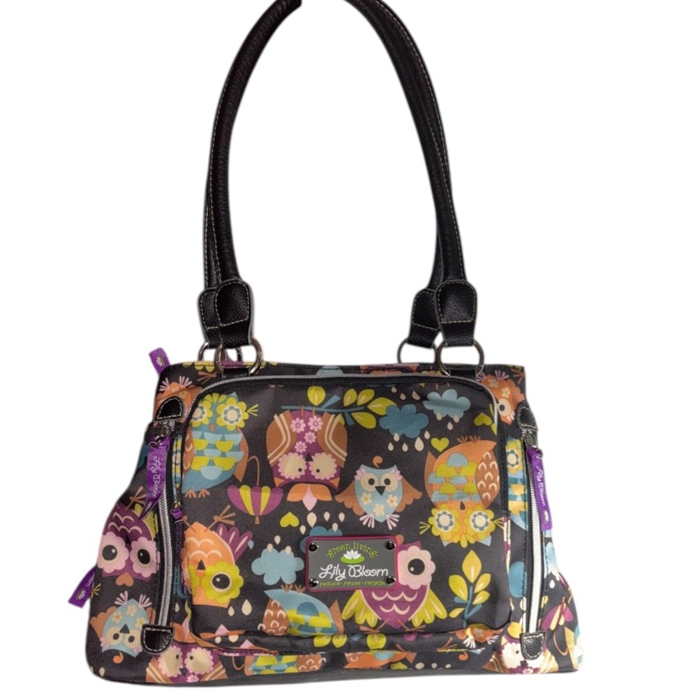 Lily Bloom Purse Maggie Satchel Retired What a Hoot Owl Print 3 Zip Compartments